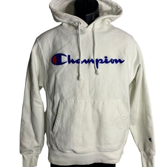 Vintage Champion Reverse Weave Hoodie S White Patch Pullover Kangaroo Pocket - Picture 1 of 6